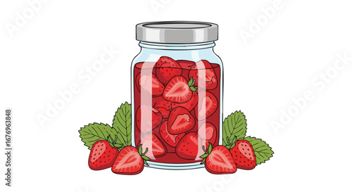 Hand-Drawn Illustration of a Strawberry Preserve Jar with Fresh Strawberries and Leaves, Perfect for Culinary Themed Designs or Recipes