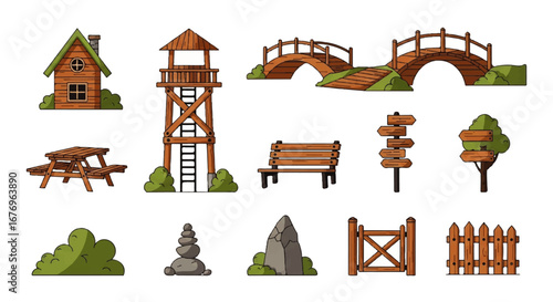 Wooden Picnic Table with Benches, Simple Cartoon Style Design