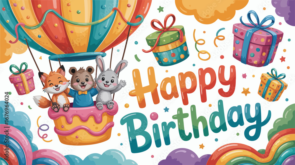 Naklejka premium Happy birthday hot air balloon with fox, bear, and rabbit friends celebration