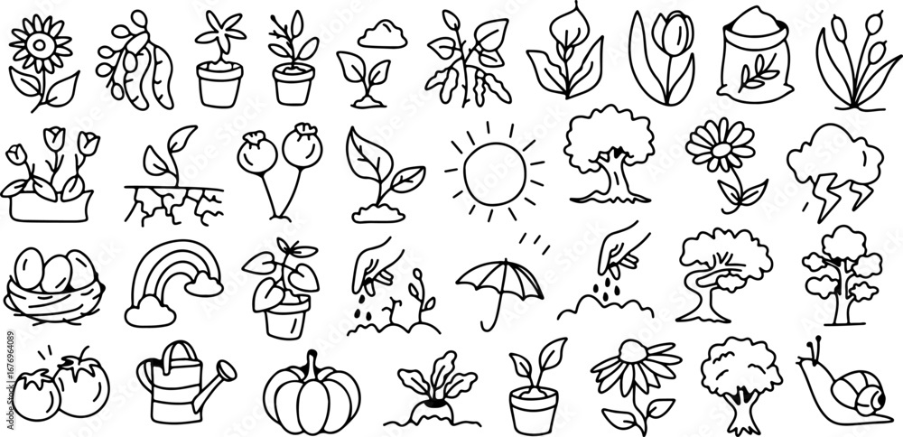 Obraz premium Hand drawn gardening and nature doodle icon set, plants, flowers, trees, vegetables, sun, watering can, eco farming illustration isolated on white background
