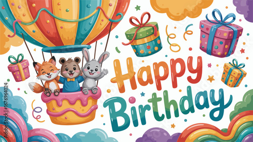 Happy birthday hot air balloon with fox, bear, and rabbit friends celebration