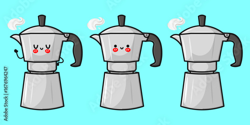 Three charming cartoon moka pots are steaming, ready to brew a delicious coffee.