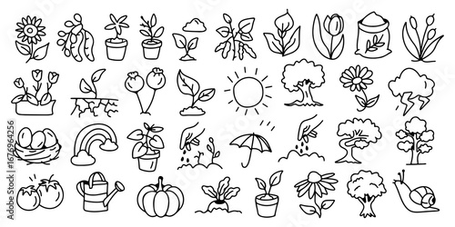 Hand drawn gardening and nature doodle icon set, plants, flowers, trees, vegetables, sun, watering can, eco farming illustration isolated on white background