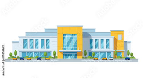 Contemporary retail complex facade featuring a yellow central entrance and a parking lot with parked cars offering a shopping destination illustration