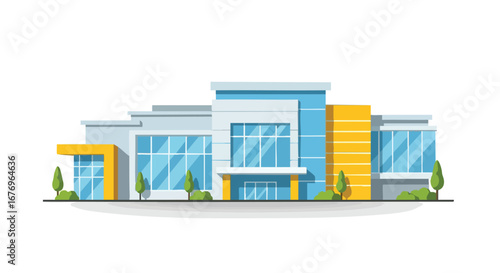 Modern shopping center illustration with minimalist architectural design elements and landscaping creating a vibrant, inviting commercial space
