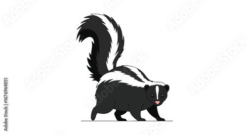 Stylized Cartoon Skunk Walking with its Tail Upright on a Clean Background, Perfect for Design Projects and Illustrations