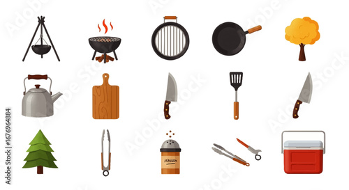 A colorful collection of cartoon-style camping and barbecue equipment icons.