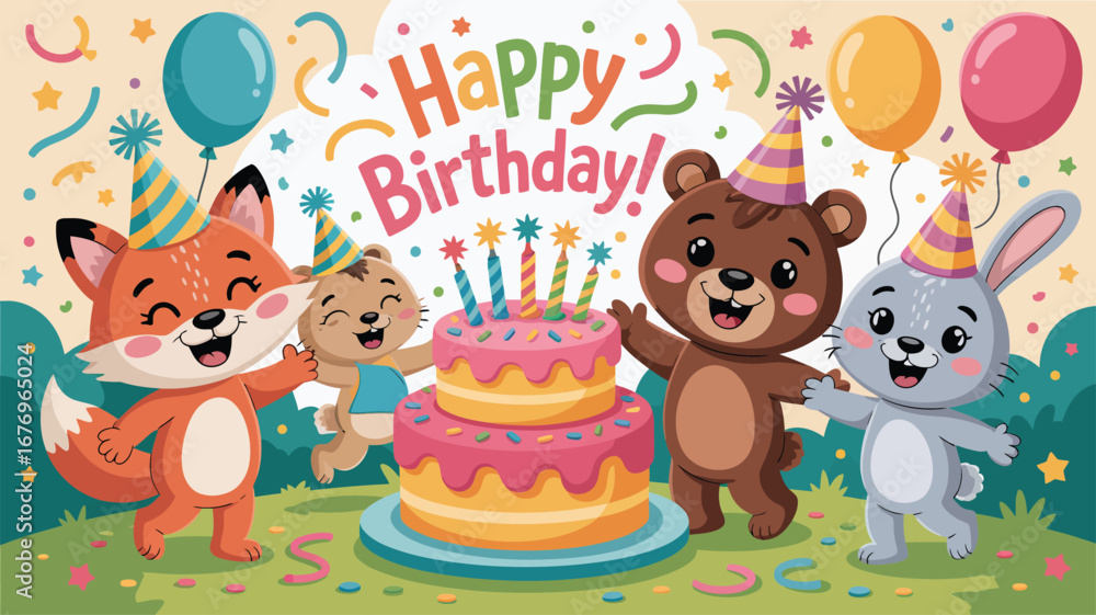 Obraz premium Happy Birthday with animals and a two-tier cake celebration party