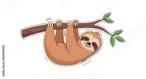 Adorable Sloth Hanging on a Branch: A Charming Cartoon Illustration of Tranquility
