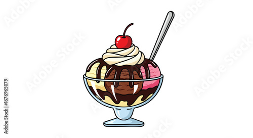 Delicious ice cream sundae with chocolate syrup, whipped cream, and cherry in a glass bowl presents tempting summer treat