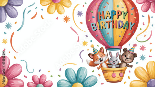 Happy birthday with animals in hot air balloon and colorful flowers celebration