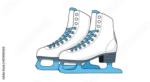 Stylized illustration showcases crisp white ice skates with delicate sky blue laces ready to glide across winter ice for recreational fun