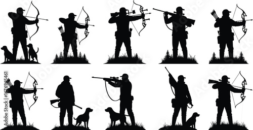 Silhouette hunters with bows, rifles, hunting dogs, outdoor nature, wild forest, archery, shooting, hunting gear, wildlife adventure, active hunters