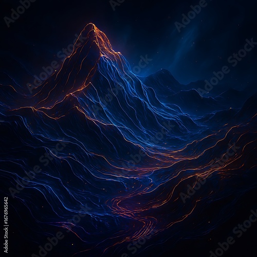 Glowing Mountain Range Under a Starry Night Sky with Nebula Dust