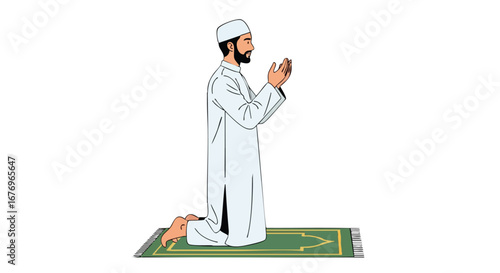 Illustration of a Muslim man in traditional garb kneeling and praying on a green prayer rug isolated against a white background