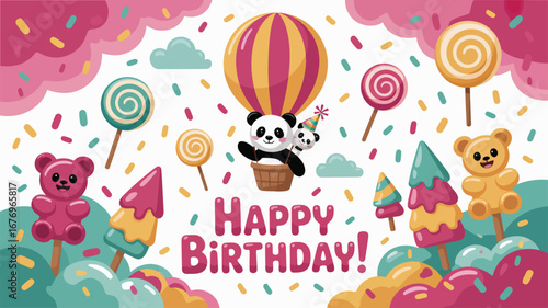 Happy birthday with pandas, bears, and lollipops in a candy land celebration
