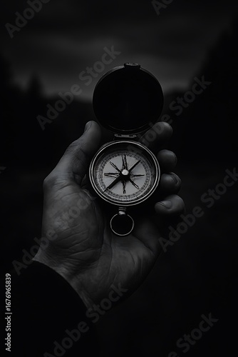Holding an antique compass in hand on a dark background to find the way
