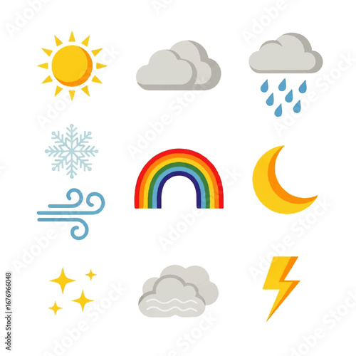 Weather Icons Set: Sun, Cloud, Rain, Snowflake, Wind, Rainbow, Moon, Stars, Lightning