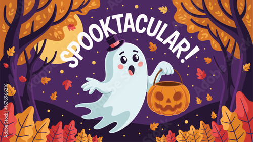 Spooktacular Halloween Ghost Holding Pumpkin in Autumn Forest spooky specter