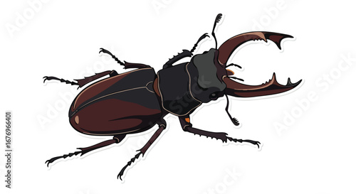 Illustrated stag beetle on a stark white backdrop presenting captivating anatomical details, capturing the beauty of this insect with artistic flair