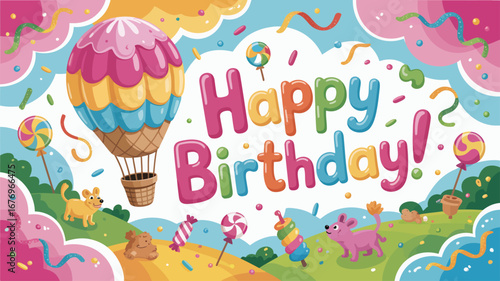 Sweet Birthday Landscape with Hot Air Balloon and Candy celebration lollipop