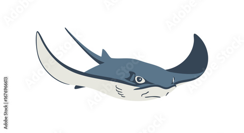 Stylized illustration of a swimming ray, showcasing its distinctive wing-like fins in a cartoon design on a white isolated background