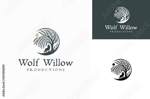 Silhouette of Wolf on the grass with lush willow tree under the moonlight, forest wildlife night full moon serenity illustration logo design