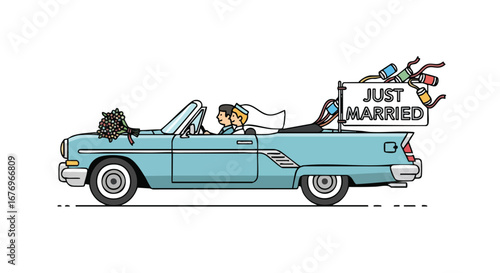 Newlyweds Driving in Classic Convertible Car after Wedding Ceremony Illustration Vector Graphic Design