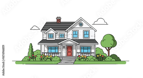 Stylized suburban residence with vibrant front yard landscaping evokes serenity and domesticity in this architectural illustration