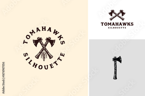 Crossed rustic american native indigenous tomahawks indian axes with feathers ornament label vintage logo design