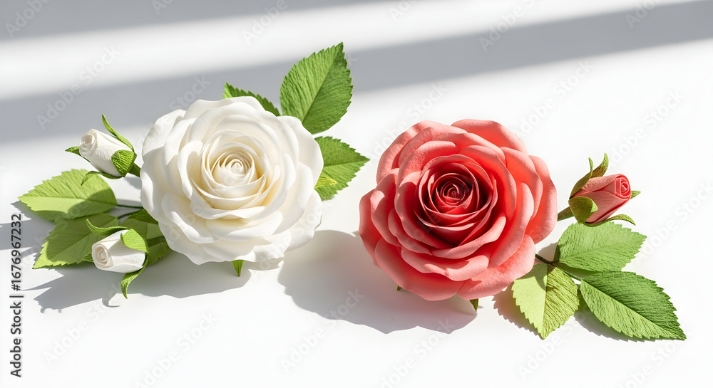 Fototapeta premium Pair of Paper Roses — White and Coral Handmade Floral Paper Flowers with Green Leaves on White Background