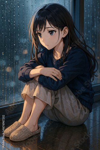 Anime Girl Sitting by Rainy Window in Thoughtful Mood