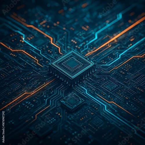 Intricate network of glowing circuits and microprocessors powering advanced technology