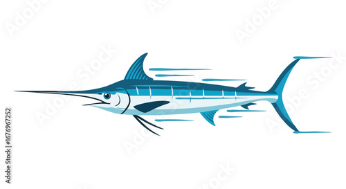 Stylized marlin illustration showcasing aquatic life in vibrant blue hues conveying speed and movement underwater scene with clean design elements