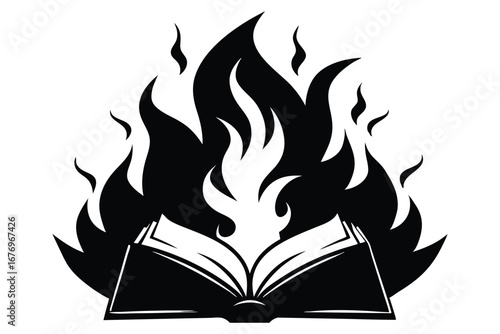 Symbolic Black and White Image of an Open Book Engulfed in Flames