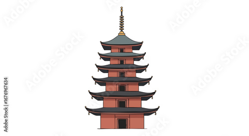 Captivating rendition of a multi-tiered pagoda showcasing its architectural splendor and intricate design, standing against a pristine white backdrop
