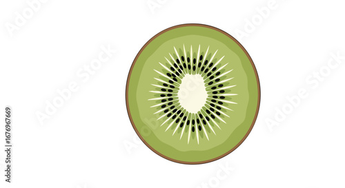 A Sliced Kiwi Fruit Exhibiting its Vibrant Green Pulp and Array of Black Seeds on Isolated White Background