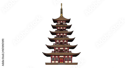 Illustrative depiction of a traditional Japanese multi-tiered pagoda structure against a pristine white background showcasing architectural design,