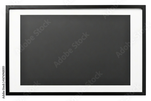 Empty black rectangular picture frame with white matted border isolated on a transparent background