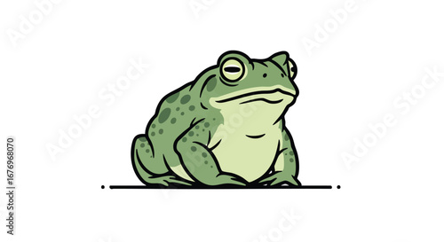 Illustrative green toad with a bored facial expression sitting and looking to the side with clear outlines and a cartoonish style rendering on plain
