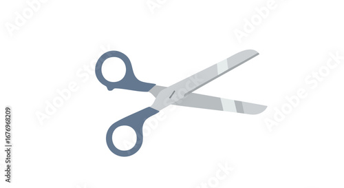 Minimalist illustration of scissors with gray blades and blue handles on a clear background