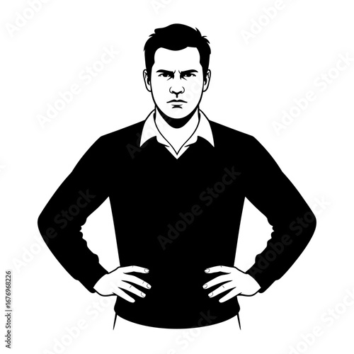black silhouette of a serious man with a frowning expression in monochrome