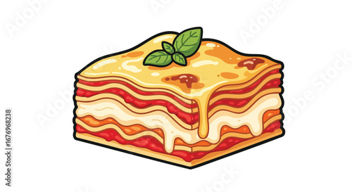 Artistic depiction of a delicious layered lasagna with melted cheese and fresh basil, a culinary delight showcased in a stylized drawing