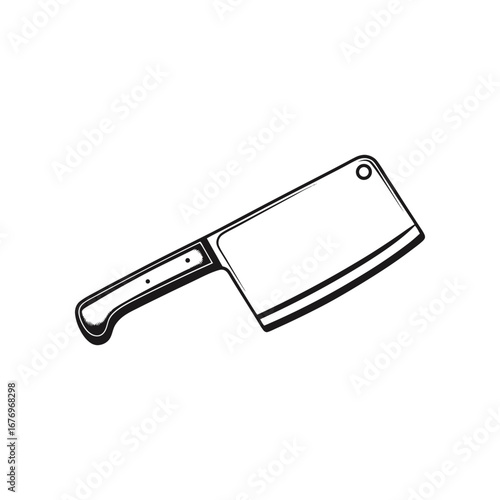 Sharp Cleaver Illustration: An elegant and minimalist monochrome illustration of a sharp cleaver, poised against a crisp, clean backdrop, ready for culinary tasks.