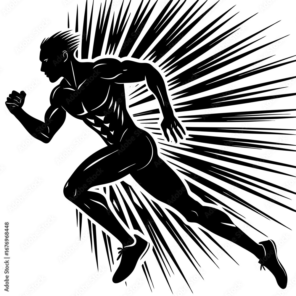 Fototapeta premium Silhouette of a male athlete in full sprint, showcasing speed and motion against a burst background.