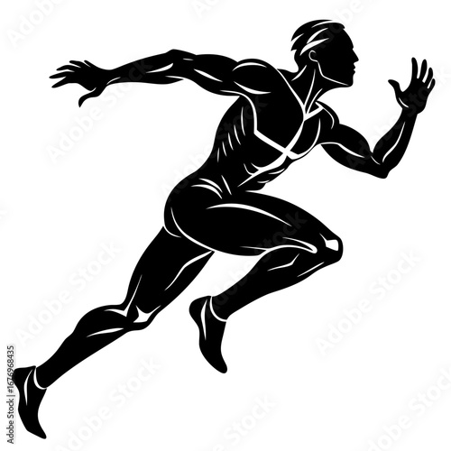 A stylized black and white illustration of a muscular male athlete in a powerful sprinting pose, isolated on a white background.