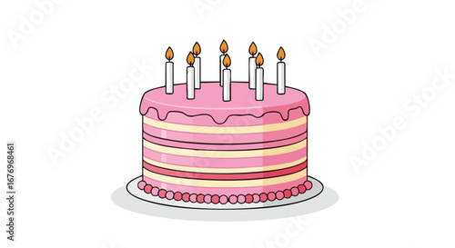 Illustration of a pink layered cake with lit candles symbolizing celebration and happiness for events like birthday parties and anniversaries