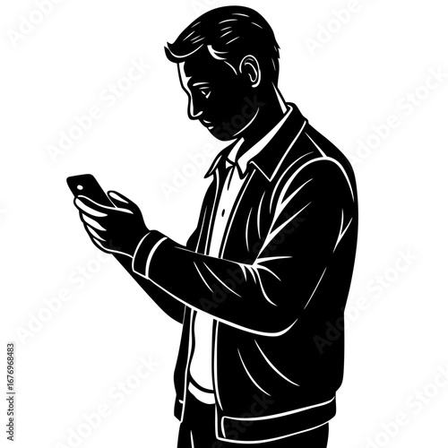 A black and white graphic illustration of a young man in a jacket standing while intently using his smartphone.