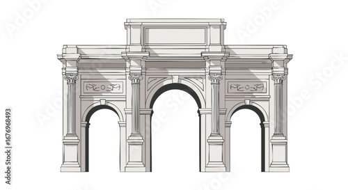 Architectural portrayal of a triumphal arch with neoclassical elements providing perspective and depth, ideal for cultural and educational purposes