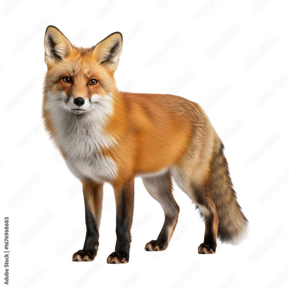 Fototapeta premium A red fox is depicted standing isolated against a pure white background.